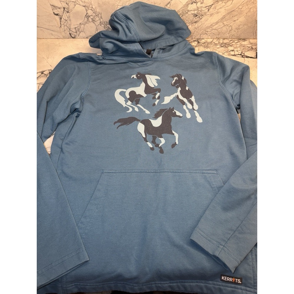Kerrits Kids Youth XL Pullover Hoodie Sweatshirt Blue Horses
